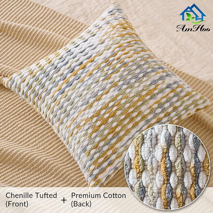 AmHoo Set of 2 Boho Chenille Pillow Cover Decorative Tufted Pillowcase for Couch Bed Sofa Bedroom Living Room Modern 18 x 18-Inch Grey