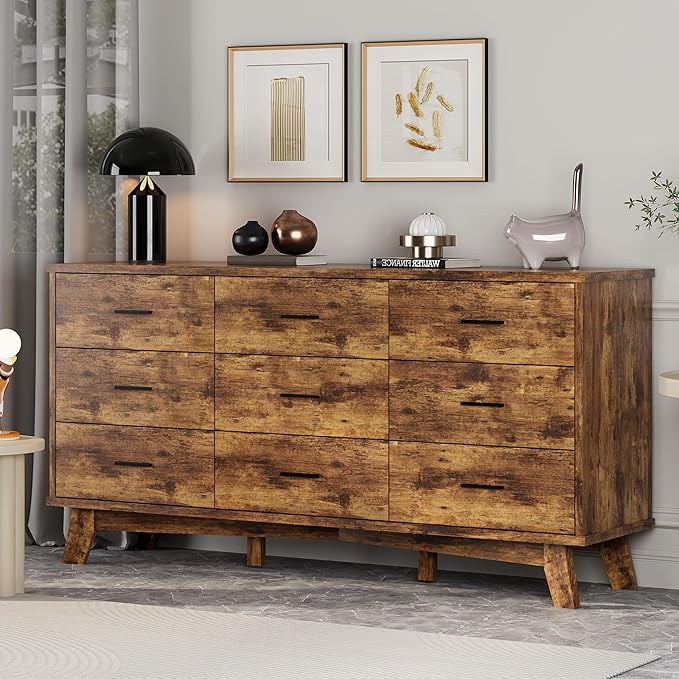 Xixini Dresser for Bedroom, 9 Drawer Wide Modern Chest of Drawers with X-Shaped Sturdy Base, Wood Double Dresser Closet Clothes Storage Organizer, Wooden TV Stand for Living Room, Hallway, Brown