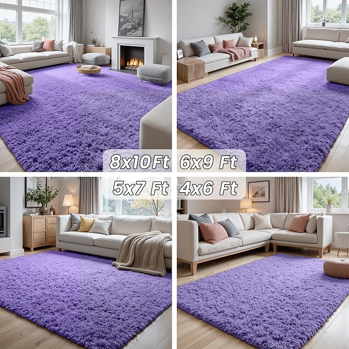 6x9 Fluffy Shag Area Rugs for Living Room Bedroom: Soft Plush Carpet Purple | Upgraded Non-Slip Thick Memory Foam, Ultra Soft, Non-Shedding Fuzzy Carpet, Easy Clean Decor for Kids Room, Nursery, Playroom