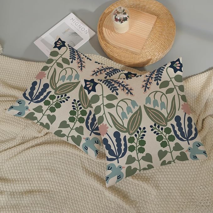 Navy Blue Boho Pillow Covers 16x16 Inch 2 Pcs Sage Green Floral Decor Throw Pillows Vintage Flower Seasonal Spring Summer Outdoor Decoration Pillowcase Linen Cushion Cover for Couch Sofa