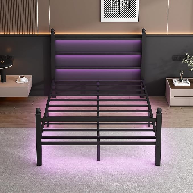 CLIBFENG Queen Size Bed Frame with Headboard and Footboard,Steel Slats Support-LED Bed Frame with USB Charging Station,Mattress Foundation-Under Bed Storage,No Box Spring Needed,Noise Free,Black