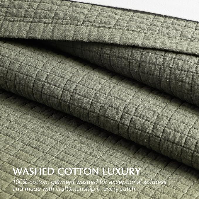 EverGrace 100% Cotton Modern Grid Stitch Quilt Set, King Size, Olive Green | Pre-Washed Cotton Coverlet Bedspread, Oversized Lightweight 3-Piece Bedding Set for All Season, with 2 Pillow Shams