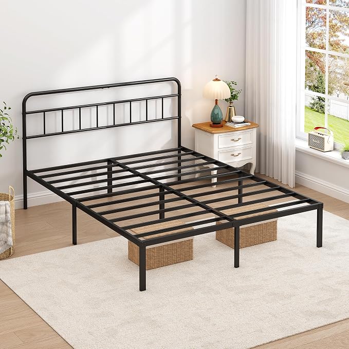 Full Bed Frame with Classin Headboard, Black | Strong Metal Slats Support,Under Bed Storage Space,No Box Spring Needed,Easy to Assemble