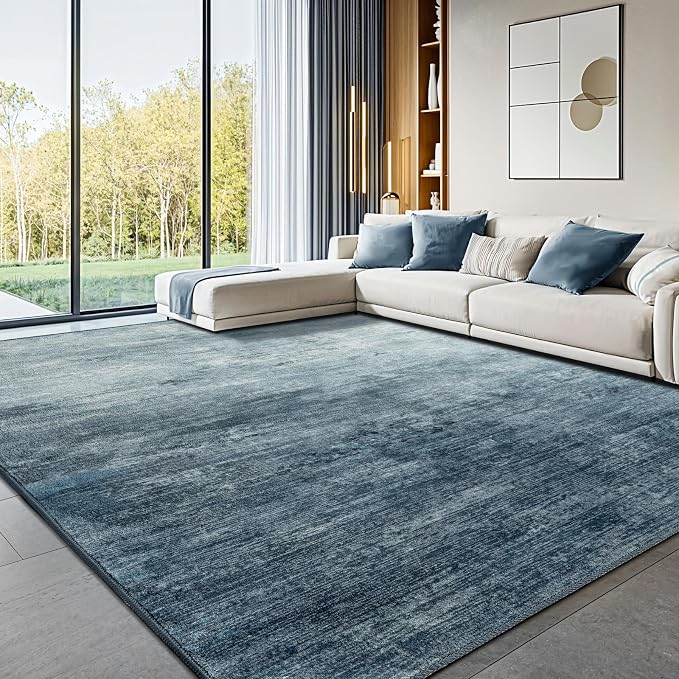 LIANLAM 10x12 Washable Rug, Blue Solid Area Rugs for Living Room & Bedroom | Stain-resistant & Non-slip backing,Low Pile Washable Large Carpet, Solid Vintage Style For High Traffic Areas(10x12,Blue)