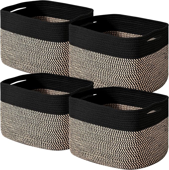 ICERZCZ Storage Baskets for Shelves Organizing, Woven Cotton Rope Baskets for Storage, Book Basket, Decorative Shelf Basket, 12.5"Lx9.1''Wx7.9''H (4 Packs) Black & Jute