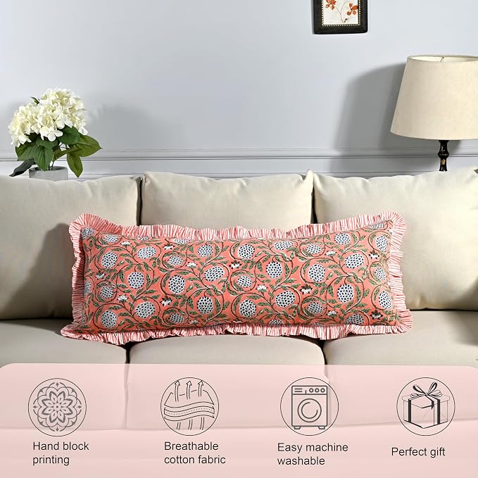 Ridhi Block Print Dark Salmon Pink Ruffle Lumbar Pillow Shams, 36" x 14" | 100% cotton, Floral Pillowcase, Cushion Cover, Hidden Zipper, Cottagecore Bedding, farmhouse boho style, fits couch, sofa,Bed