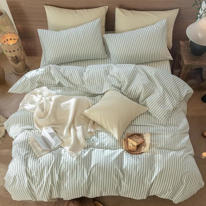 MooMee Striped Duvet Cover Set 100% Washed Cotton Linen Like Super King | Relaxed Linen-like Texture. Soft, Breathable & Long-lasting Comfort. Lightweight. Hidden Zipper with 8 Interior Corner Ties