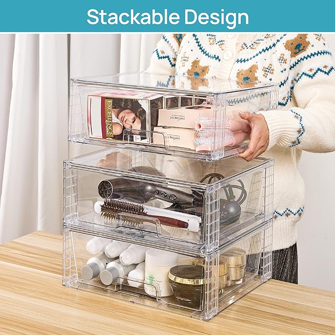 Vtopmart 8 Pack Large Clear Stackable Storage Drawers for Closet, Pantry | Easily Assemble Bathroom Closet Undersink Organizers,Plastic Bins for Cabinet,Kitchen Pantry,Medicine Organization