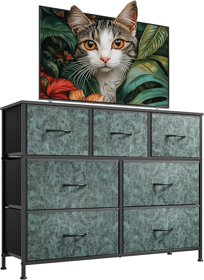 WLIVE Dresser for Bedroom, 7 Drawers, TV Stand, Vintage Green | 7 roomy fabric drawers, Fits TVs up to 45 inch, Bedroom or living room, Wide storage design, Chest of drawers