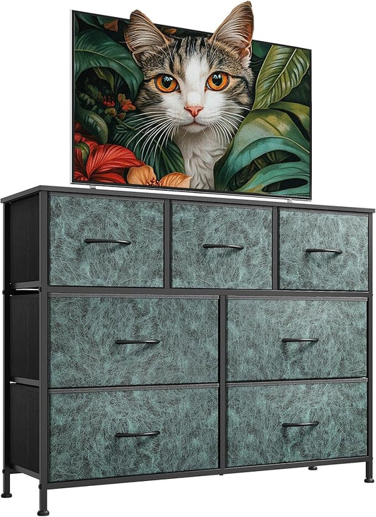 WLIVE Dresser for Bedroom, 7 Drawers, TV Stand, Vintage Green | 7 roomy fabric drawers, Fits TVs up to 45 inch, Bedroom or living room, Wide storage design, Chest of drawers