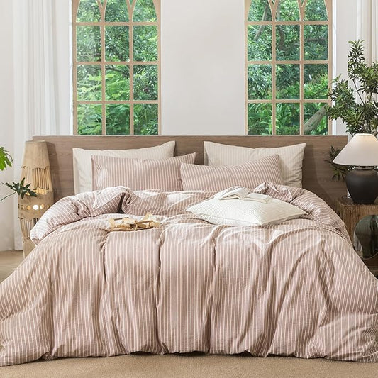 MooMee Striped Duvet Cover Set 100% Washed Cotton Linen Like Super Queen | Relaxed Linen-like Texture. Soft, Breathable & Long-lasting Comfort. Lightweight. Hidden Zipper with 8 Interior Corner Ties
