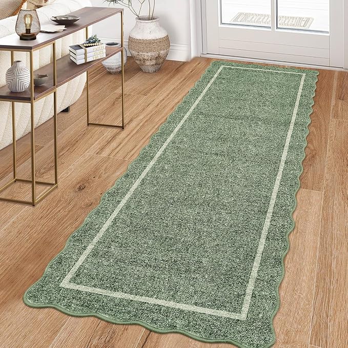 GarveeHome Scalloped Runner Rug for Hallway 2x10 Washable, Greyish Green | Kitchen Rugs Non Slip Modern Entryway Rug Farmhouse Soft Bathroom Rugs Stain Resistant Carpet for Hallway Laundry Bedroom