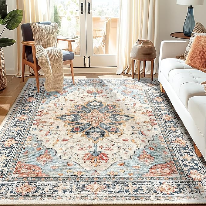 RELEANY Washable Area Rug, 5'x7', Beige/Blue/Orange | Non-Slip, Water Repellent, Pet Friendly, Easy to Clean, Vintage Floral Boho Decor for Living Room Bedroom Dining Room Office