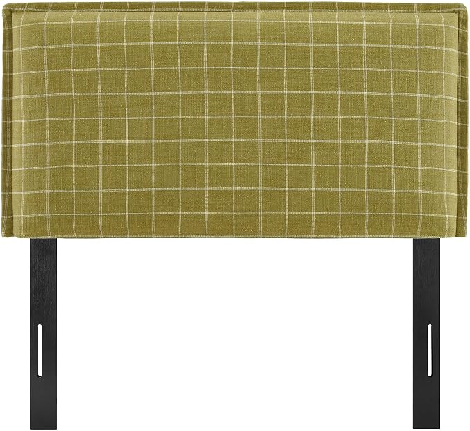 Modway Camille Twin Size Checkered Linen Blend Plaid Headboard with Removable Slipcover – in Artichoke Windowpane Check - Padded Pillow Style Headboard with Adjustable Mounting for Twin Beds