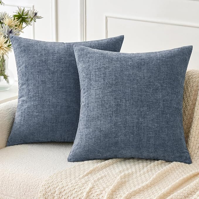 MIULEE Soft Chenille Throw Pillow Covers Dark Grey Blue 16x16 Pack of 2 | Modern Coastal Home Decor, Classic Decorative Pillows, Solid Dyed Cases, Boho Couch Cushion Covers for Sofa Bed Living Room