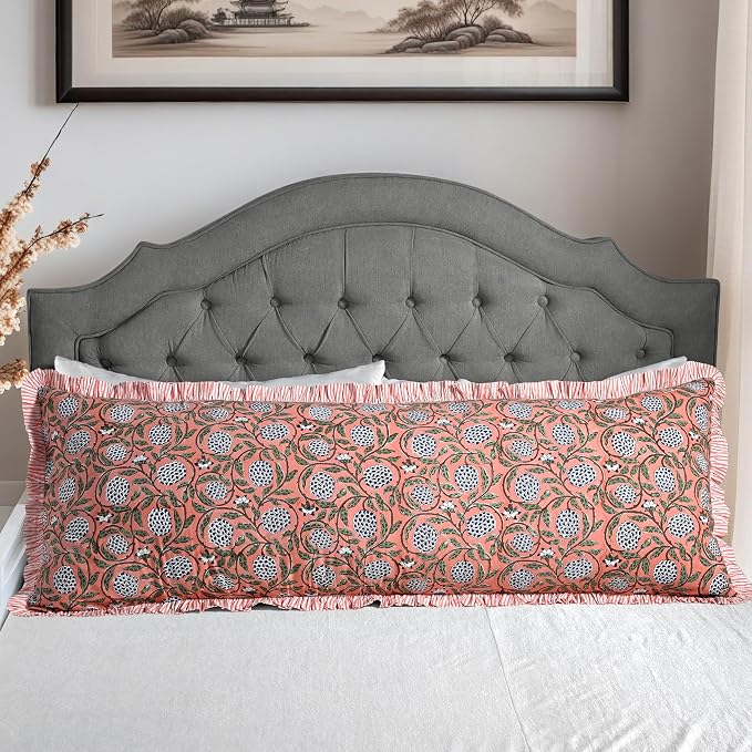 Ridhi Block Print Dark Salmon Pink Ruffle Lumbar Pillow Shams, 54" x 20" | 100% cotton, Floral Pillowcase, Cushion Cover, Hidden Zipper, Cottagecore Bedding, farmhouse boho style, fits couch, sofa,Bed