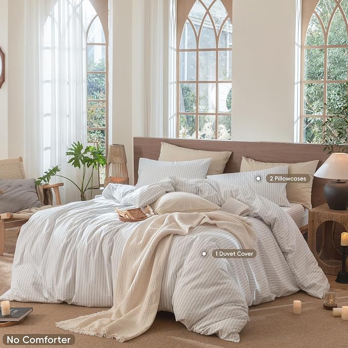 MooMee Striped Duvet Cover Set 100% Washed Cotton Linen Like | Relaxed Linen-like Texture. Soft, Breathable & Long-lasting Comfort. Lightweight. Hidden Zipper with 8 Interior Corner Ties