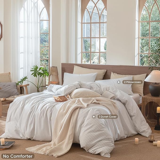 MooMee Striped Duvet Cover Set 100% Washed Cotton Linen Like King | Relaxed Linen-like Texture. Soft, Breathable & Long-lasting Comfort. Lightweight. Hidden Zipper with 8 Interior Corner Ties