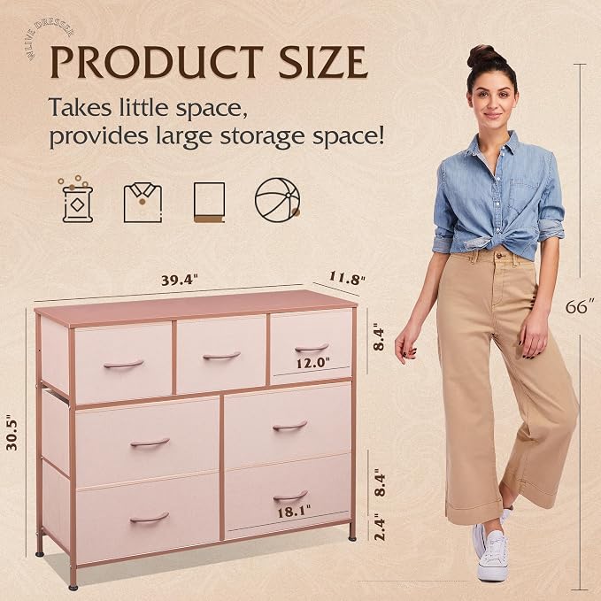 WLIVE Dresser for Bedroom, 7 Drawers, TV Stand, Pink | 7 roomy fabric drawers, Fits TVs up to 45 inch, Bedroom or living room, Wide storage design, Chest of drawers