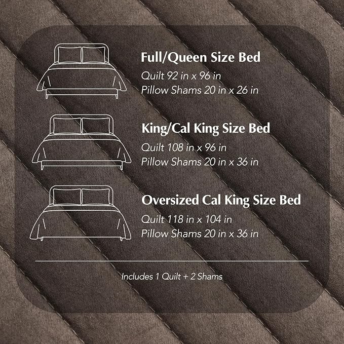 EVERGRACEHOME Cotton Sateen Quilt Set, Oversized Cal King, Mocha Brown | 100% Cotton, Channel Stitch Coverlet Bedspread, Pre-Washed Lightweight Soft Bedding Set for All Season, 3 Piece, with 2 Shams