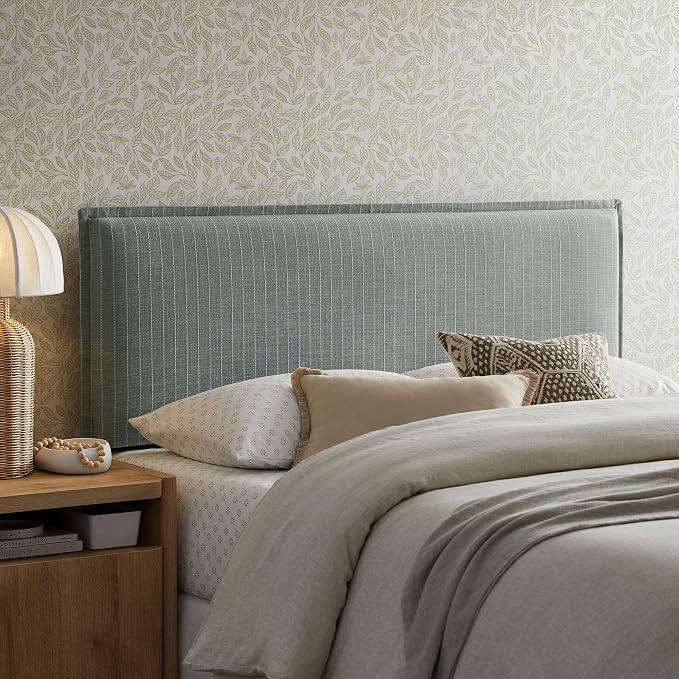 Modway Camille Full Size Striped Linen Blend Pinstripe Headboard with Removable Slipcover – in Spa Blue Stripe - Padded Pillow Style Headboard with Adjustable Mounting for Full Beds
