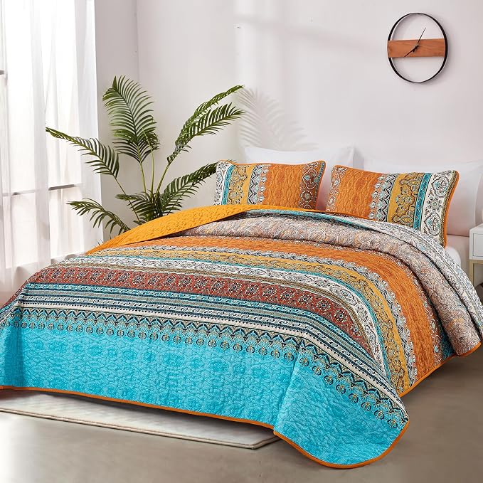 WONGS BEDDING Orange Quilt Queen Size, Boho Stripe Bedding Set, 96"x90" | Lightweight Soft Bedspread Coverlet,Modern Style Bohemian Pattern Bed Cover for All Seasons,3 Piece(1 Quilt,2 Pillow Shams)