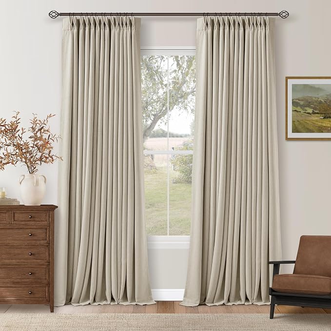 Oatmeal 102 Inch Blackout Linen Pleated Curtains for Bedroom Living Room | 100% Black Out, Thermal Insulated Energy Efficient Window Drapes, Double Layer Oatmeal Beige Curtains, Pinch Pleat 2 Panels