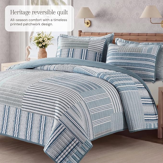 King Quilt Set-3 Pieces Soft Bedding Lightweight Floral Patchwork Coverlet | All Seasons Quilts Queen Size for Bed, 1 Quilt (106" x 94") and 2 Shams (20" x 36"), Vintage Bedspread, Blue Stripe