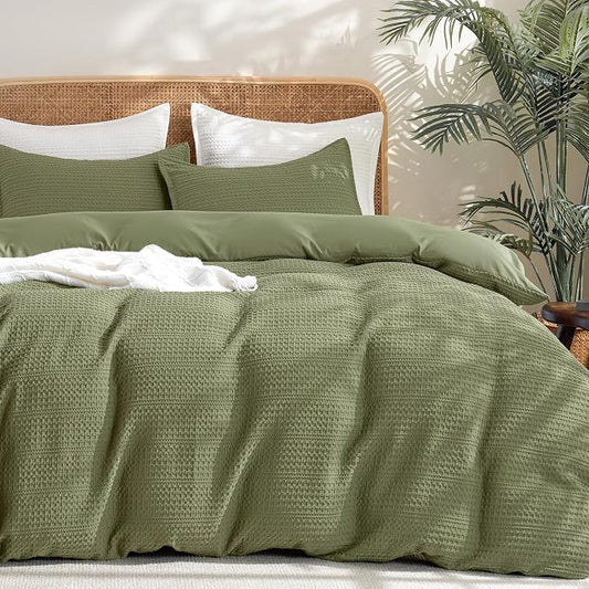 PHF Soft Waffle Duvet Cover King Size- Durable Breathable Waffle Weave Duvet Cover(104"x90") with 2 Pillow Shams, 3 Pieces Luxury Textured Bedding Set for All Season, Olive Green