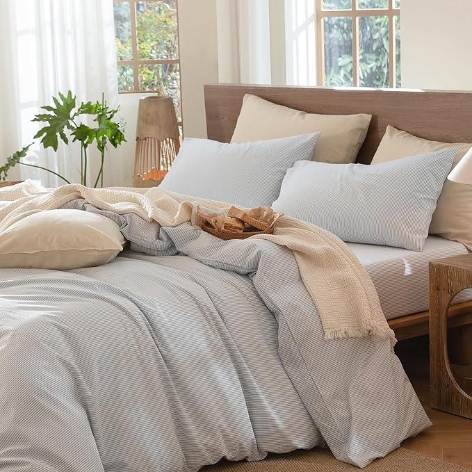 MooMee Striped Duvet Cover Set 100% Washed Cotton Linen Like Oversized King | Relaxed Linen-like Texture. Soft, Breathable & Long-lasting Comfort. Lightweight. Hidden Zipper with 8 Interior Corner Ties