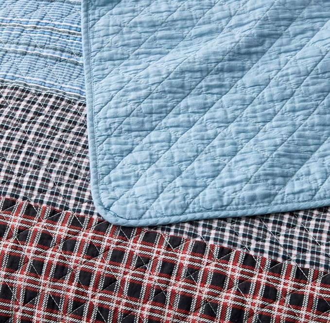 Chezmoi Collection Lincoln 3-Piece Pre-Washed Cotton Patchwork Quilt Set King - Solid Plaid Multi Striped Coverlet Set - Lightweight Reversible Bedspread Bedding Set King Size