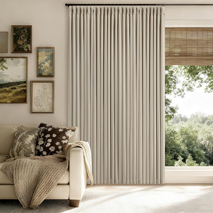 Oatmeal Extra Wide 100% Black Out 102 Inch Curtains for Bedroom Living Room | Pinch Pleated with Back Tab, Thick Linen with Liner, Thermal Insulated Blackout Soundproof for Large Window, W70xL102 1 Panel
