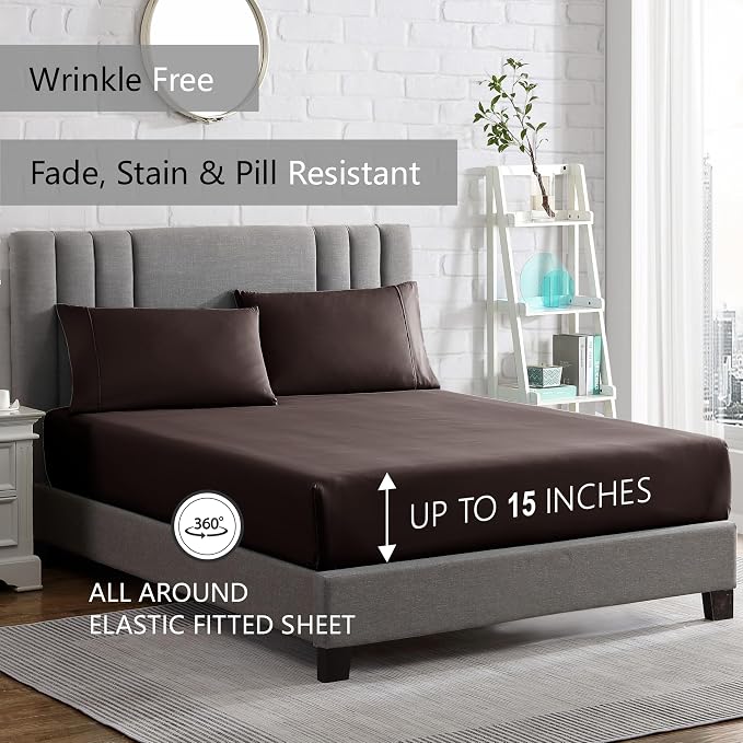 American Home Collection King Sheet Set - Ultra-Soft Microfiber 15-Inch Deep Pocket - Wrinkle Free and Fade Resistant (Brown)