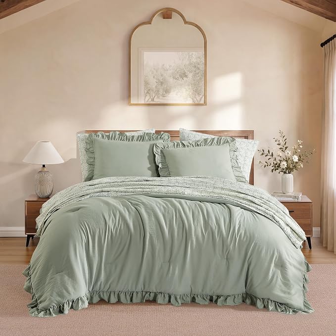 Queen Comforter Set-7 Pieces Ruffle Bedding with Floral Sheet | Sage Vine Bed in a Bag, Soft Lightweight All Season Farmhouse Queen Bedding Sets with Floral Sheets, Pillowcases & Shams