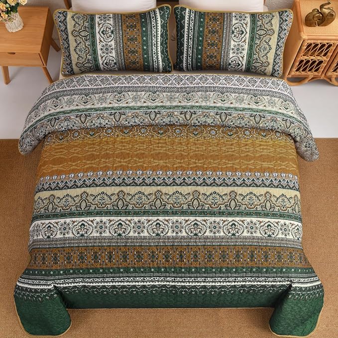 WONGS BEDDING Boho Quilt Queen Size,3 Pcs Bedspread Set, Brown Green | Colorful Bohemian Striped Printed Bedding for All Season, Lightweight Microfiber Coverlet Set with 2 Pillowcases(96"x90")