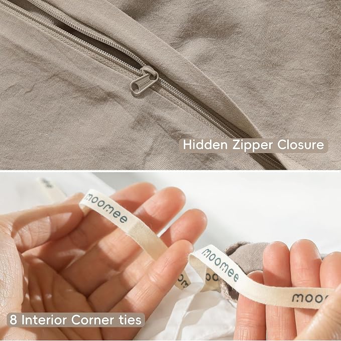 MooMee Duvet Cover Set 100% Washed Cotton Linen Like Queen | Relaxed Linen-like Texture. Soft, Breathable & Long-lasting Comfort. Lightweight. Hidden Zipper with 8 Interior Corner Ties