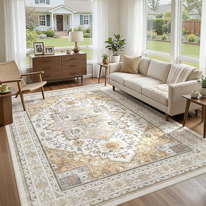 UERMEI 10x14 Area Rug for Living Room - Washable Vintage Carpet, Non-Slip Soft Large Indoor Floor Rugs for Bedroom Home Office & Under Dining Table Decor, Brown Beige