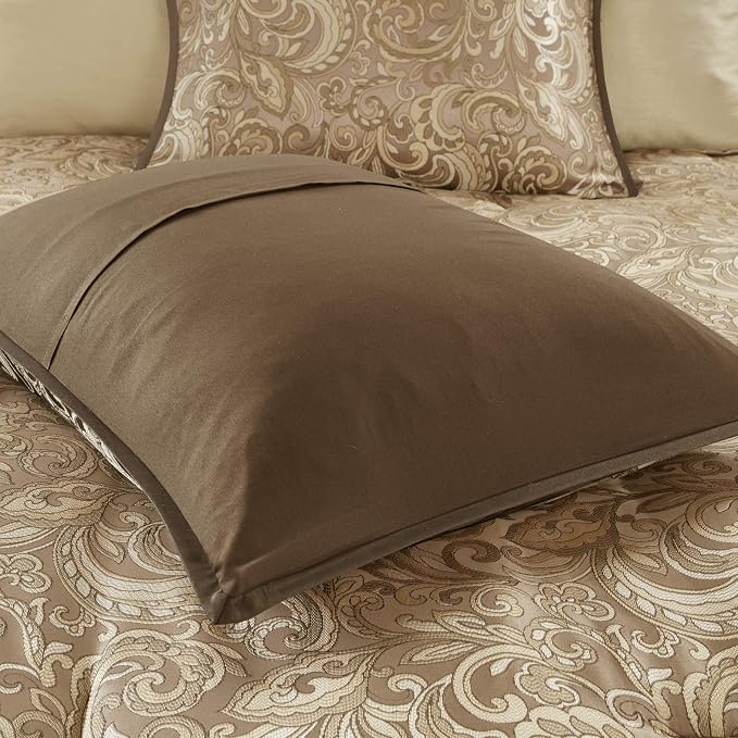 Madison Park Essentials Brystol 24 Piece Room in a Bag Faux Silk Comforter Jacquard Paisley Design Matching Curtains Down Alternative Hypoallergenic All Season Bedding-Set, Queen(90"x90"), Brown | Matching Curtains Room in a Bag, Down Alternative Beddi...