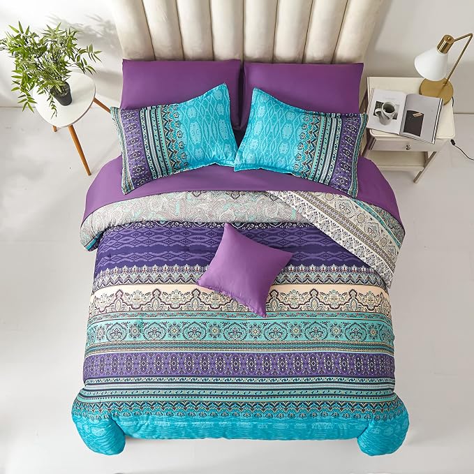 Cottolester Boho Comforter Set King Size 8 Piece Bed in a Bag Bohemian Striped Bedding Quilt Set Aqua Paisley Floral Comforter and Sheet Set,Soft Microfiber Complete Bedding Sets for All Season