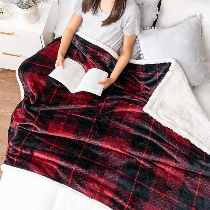 PAVILIA Twin Plaid Sherpa Throw Blanket for Couch Sofa Bed, Black Red 60x80 | GSM 460; Soft Plush Flannel Fleece; Warm&Cozy for Home; Machine Washable, Perfect Cabin Decor Winter Holiday Christmas Gift