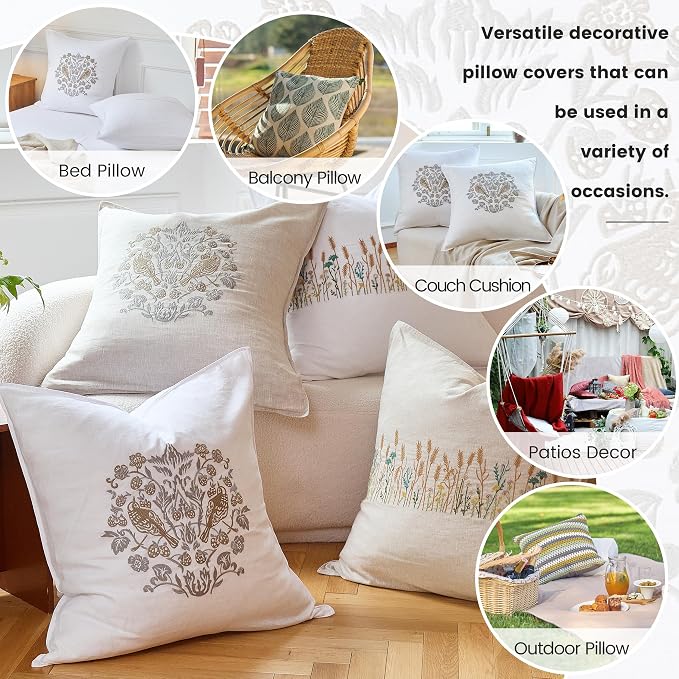 Simple&Opulence 100% Linen Euro Shams 26'' x 26'' Pack of 2, Embroidery Rosefinch Design Natural Flax Farmhouse Decorative Square Throw Pillow Covers for Bed Couch Sofa - White