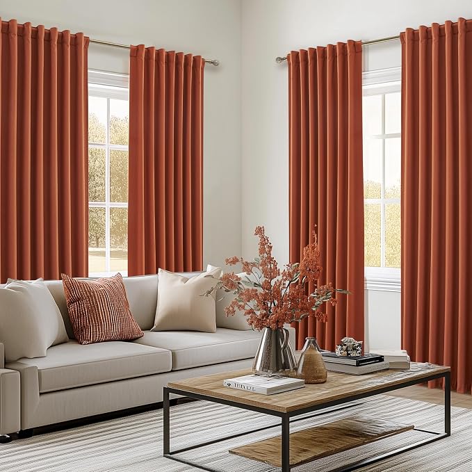 Fall Burnt Orange Curtains Blackout 102 Inches Long 2 Panels Set,Terracotta Autumn Color Decor Retro for Living Room/Bedroom Antique Copper Rust Boho 70s Window Pleated Linen Drapes (W50"xL102")
