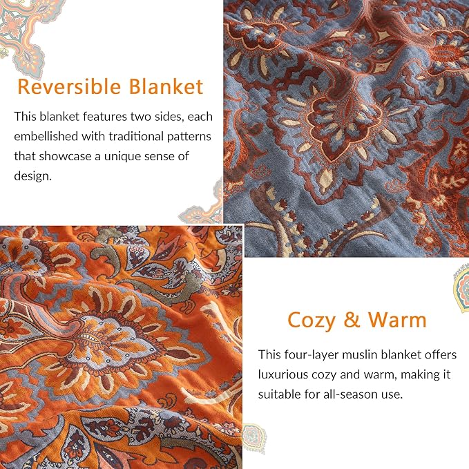 Boho Throw Blanket for Couch Sofa Bed, 100% Cotton Woven Quilt with Tassel 60”x80”, Super Soft Muslin Blanket with Floral Printed, Decorative Reversible Bed Blanket/Cover for All Seasons