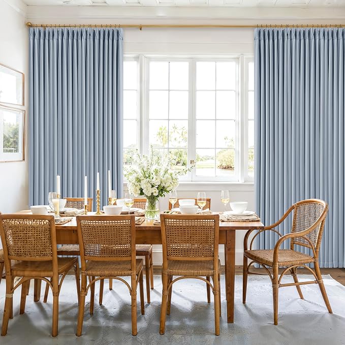 Blue Linen Blackout Pleated 86 Inch Curtains with Liner for Living Room | 100% Black Out Room Darkening, Dusty Blue Double Layer Drapes, Thermal Insulated Soundproof, Modern Coastal, for Bedroom