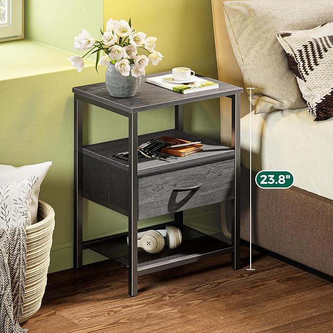 Huuger Nightstand Set of 2, Night Stand with Fabric Drawer, Mesh Shelf | Side Table with Storage, Fabric Drawer Dresser, Open Shelf, Metal Frame, Bedroom, Grey