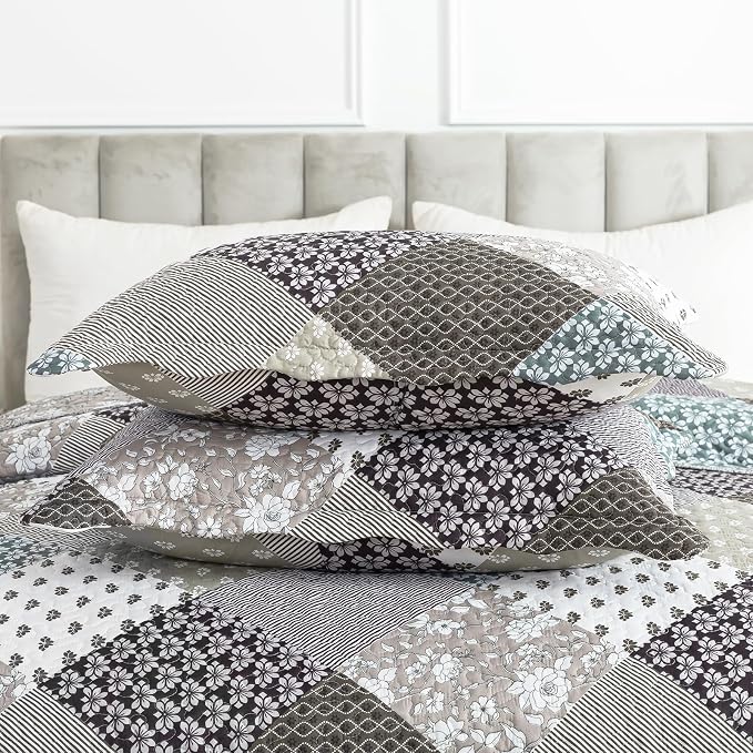 Quilt Set King Size, Bedspread Sets Light Grey Square, Reversible Quilt Bedding Set Lightweight and Breathable for All Seasons, Soft Quilted Bedspread with 2 Pillow Shams