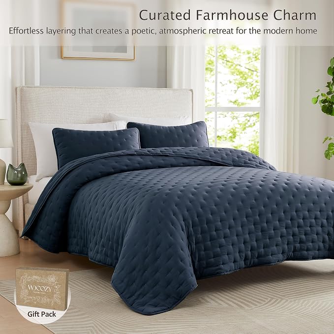 WDCOZY Navy Blue California Cal King Size Quilt Bedding Sets with Pillow Shams, Oversized Lightweight Bedspread Coverlet, Bed Cover for All Season - 3 Pieces, 118x106 inches