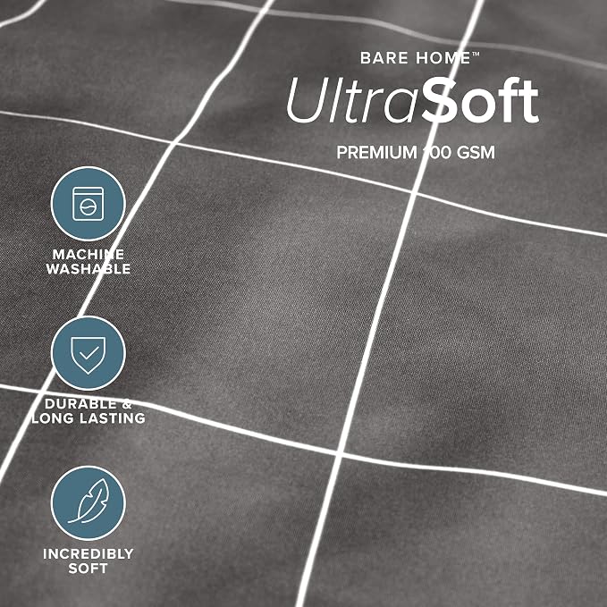 Bare Home Duvet Cover Set 1800 Ultra-Soft (Queen, Grid - Grey/White) | Lightweight, Cooling, Breathable, Premium 1800 Ultra-Soft, All-Season
