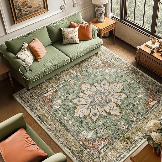 RELEANY Washable Area Rug, Square 8'x8', Brick/Brown/Green | Non-Slip, Water Repellent, Pet Friendly, Easy to Clean, Vintage Floral Boho Decor for Living Room Bedroom Dining Room Office