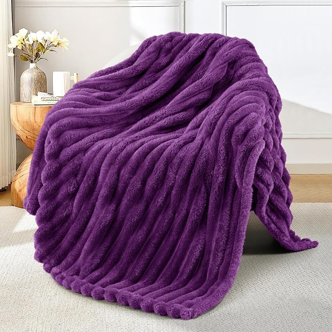 Exclusivo Mezcla Striped Fleece Throw Blanket for Couch, Sofa, Bed, 50"x60" | Soft Breathable Cozy Bed Blankets, Lightweight Plush Fluffy Fuzzy Jacquard Decorative Blankets